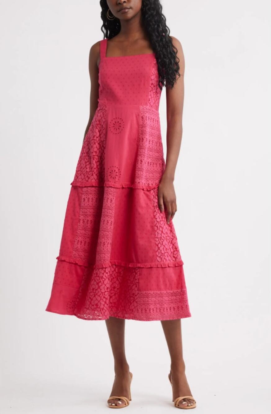 Chelsea28 Embroidered Eyelet Tiered Midi Dress Square Neck Sundress Pink Size M